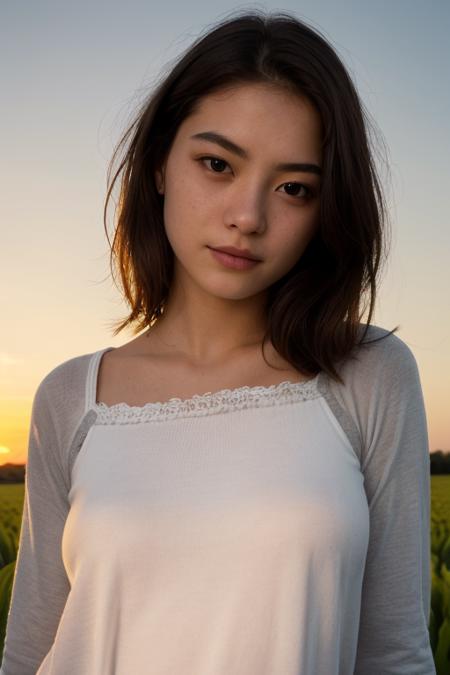 Surrealist art ,Renaissance style ,at sunset,(1 dim light),(Vivid-realism),(Hyper-realism),(realistic white skin),(Absolutely detailed photos),(sharp focus),20 yo cute girl,slender,pretty face,best detailed face,subcutaneous vein,curiosity,detailed vivid twinkle iris,impressive lighting,white ripped knit cloth pajama,thin cloth,messy hair, low saturation,skin fluff,fine wrinkles,(natural skin blemishes:0.5), (freckles:0.5),high contrast,best Ray tracing,(focus on face),attractive breasts,grey eyes,no makeup,(small eyes),(coquetry),full body,sunset field,(pull clothes), . Realistic, perspective, light and shadow, religious or mythological themes, highly detailed . Dreamlike, mysterious, provocative, symbolic, intricate, detailed