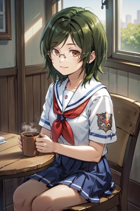 looking at viewer, smile, 
1girl, solo, nmmck, short hair, green hair, brown eyes,  glasses, 
school uniform, serafuku, white collar,  red neckerchief,
sitting chair, cafe, coffee mug, window, table, 
 <lora:machiko-3-000006:0.8>,  <lora:flat2:0.3>, <lora:add_detail:0.5>