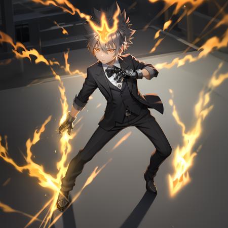 ((masterpiece, best quality)),(complex lighting),solo, full body, 1boy, tsuna,standing, gloves, <lora:TsunaSawada1-10:0.8>,black suit, pants, black tie, white shirt, silver glove,mechanical gloves, x-gloves