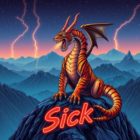 A tiger-striped dragon sitting on a mountain-top. Orange and black stripes.  Two horns.  Dragon Wings. Roaring.  Breathing fire.
Background mountains at night. Cosmic skyscape.  Synthwave colorscheme. Very realistic, fantasy illustration.
with the phrase "Sick" emblazoned in 3D, intricate, lightning patterns, with a predominantly neon colors,