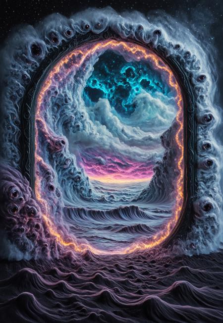 From a distant planet, a portal framed by an intricately carved, ancient obsidian archway, subtly inlaid with luminescent threads of light. Around the edges of the frame, ghostly spirits of black-eyed cyclops-rodents cling to it in horror and desperation as their ghostly bodies dissipate behind them, pulled in clouds of smoke out into the vast dark nothingness all around. 
Through the portal, a window into another dimension, where a cosmic, layered, surreal scene unfolds: all life and all worlds, represented by waves and colors, pulled apart and brought together in an endless flux. Past and future blend together in the sin-wave brainwave. The pulsing of the universe, twisting through myriad colors into an ever-darker abyss. Swirling vapor-wave clouds blend with ocean-waves and sound-waves, energy-waves and brain-waves, coming into the black-sand shoreline on a distant unknown shore. The clouds and waves blend together as they wash over the shore and the sky--everything blending, textures and colors. Luminous brush strokes of melted aurora streak through the sky, breaking it open, revealing but another dimension and infinite set of worlds, each sky opening again until the gaze of heaven is revealed. 
This artwork is mixed-media, impossible to create, impossible to shake yet impossible to hold. It is a mind within a dream within a mind. It is a masterpiece that is both unforgettable and sublime. 