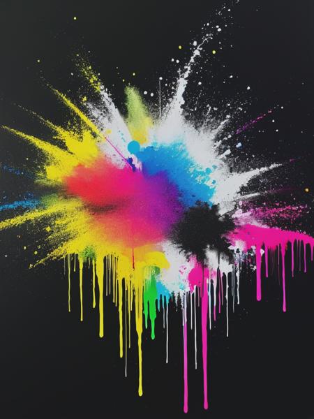 <lyco:MartinWhatson:1.0> spray paint, spots, splatter, small drips, neon colors, in the style of martin whatson, black background, no people