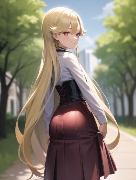 best quality, (masterpiece:1.2), illustration, absurdres,
(1girl, solo), (beautiful detailed girl), from behind, ass, ass focus,
<lora:Roselia-06:1>,  Roselia Millstein, blond hair, very long hair, red eyes, flat chest,
necklace, earrings, white shirt, long sleeves, red laced corset, long skirt, red skirt, purple pantyhose,  brown boots,
smile,
park, sky, clouds, trees, buildings,