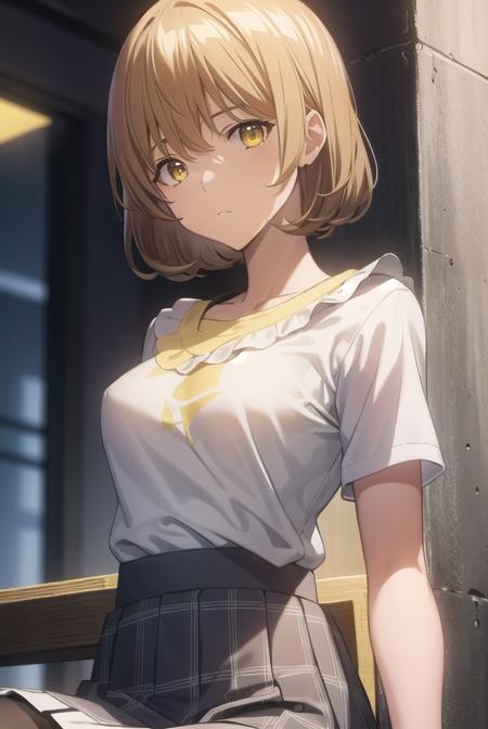 aokiyuriko, <lora:aokiyuriko-lora-nochekaiser:1>, 
aoki yuriko, short hair, brown hair, bangs, (yellow eyes:1.5), glasses,
BREAK skirt, shirt, short sleeves, pantyhose, black pantyhose, frills,
BREAK looking at viewer, 
BREAK indoors,
BREAK <lyco:GoodHands-beta2:1>, (masterpiece:1.2), best quality, high resolution, unity 8k wallpaper, (illustration:0.8), (beautiful detailed eyes:1.6), extremely detailed face, perfect lighting, extremely detailed CG, (perfect hands, perfect anatomy),