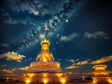 Mila, Maitreya Bodhisattva,Maitreya, a large golden buddha statue sitting in a room with a blue ceiling and a blue sky background with clouds, above_clouds, airship, aurora, bridge, building, castle, chimney, city, city_lights, cityscape, clock, clock_tower, cloud, cloudy_sky, constellation, crescent_moon, desert, earth_\(planet\), fireworks, floating_island, fountain, galaxy, glowing, house, island, lamppost, lantern, light_particles, milky_way, moon, mountain, night, night_sky, no_humans, planet, scenery, shooting_star, sky, skyline, skyscraper, snow, snowing, space, star_\(sky\), star_\(symbol\), starry_sky, starry_sky_print, telescope, tower, town, twilight, watercraft