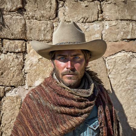 grizzled cowboy, piercing blue eyes, scruffy, stubble, cowboy hat, colorful poncho
(post-apocalyptic:1.3), deserted town, dusty, windy, detailed background
hyperdetailed photography, natural lighting, Nikon 70d, subsurface scattering, HDR, chromatic aberration, volumetrics dtx