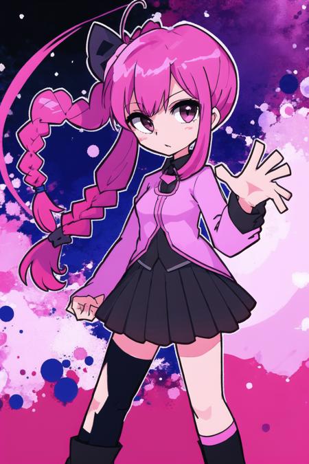 <lora:pantyAndStocking_v1:0.7> <lora:worldFlipperArtStyleLora_v10:0.5>
1girl,solo, 
<lora:SSRHM_V10:0.75>,SSRHM,pink jaket,black skirt,black shirt,pink hair,pink eyes,side braid, hair bow