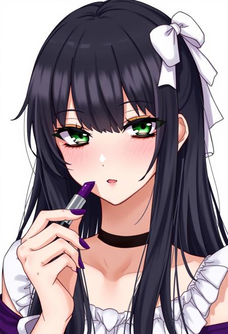 A female drawn in an anime style. She has long, black hair with a white ribbon ornament. She wears noticeable yellow makeup around her eyes. Her eyes are a deep shade of green. Her eyes are blank and emotionless. She is wearing deep purple lipstick and applying purple lipstick from a tube. Her fingernails are painted purple. The image is focused on the makeup she is wearing.