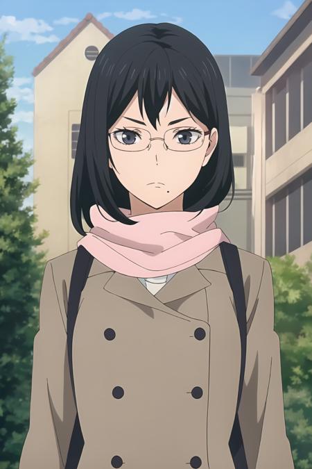 ((best quality)),((highly detailed)),masterpiece,absurdres,detailed face,beautiful face,(detailed eyes, deep eyes),(1girl),((dynamic pose)),  <lora:KiyokoV1:0.6>,Kiyoko, 1girl, black hair, glasses, solo, grey eyes, mole, bag, mole under mouth, upper body, looking at viewer, long hair, scarf, mole under eye, outdoors, blurry, short hair, rimless eyewear, school uniform, closed mouth, frown