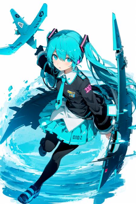 pote, 1girl, solo, hatsune miku, long hair, airplane, aircraft, twintails, megaphone, skirt, aqua hair, necktie, gloves, hair over one eye, pantyhose, aqua eyes, thighhighs, very long hair, military vehicle <lora:pote:1>