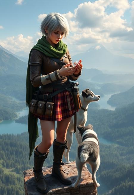 hi resolution, photorealistic digital artwork featuring a woman with short, white hair and fair skin. She is dressed in a rugged, adventurer's outfit consisting of a green scarf, leather armour, and a short plaid skirt. She has various pouches and equipment attached to her belt. She is standing on the flat top of a tall gothic tower, she is examining a mystical amulet, her dog, with a white and black coat watches. From the top of the tower a majestic panorama of forests, lakes and mountains unfolds below her