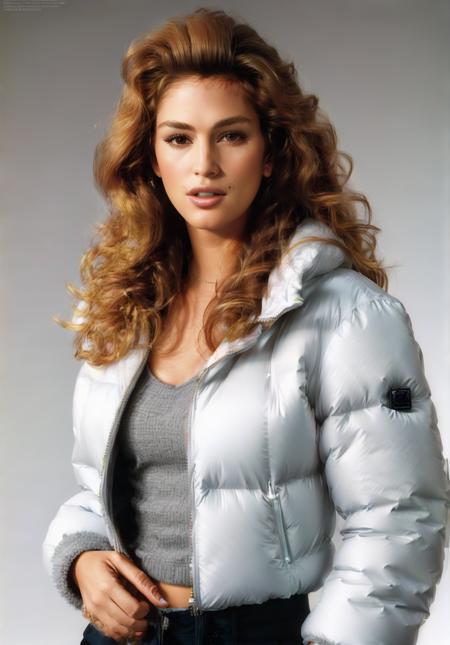 well lit fashion shoot portrait of extremely beautiful cindycrawford wearing massively over size puffer jacket by Karl Lagerfeld, balenciaga, long ginger hair, 80s perm hair style, sharp focus, clear, detailed, cinematic, softbox lighting, white background, glamourous, symmetrical, vogue, editorial, fashion, magazine shoot, glossy, ultra detailed, Sony Alpha Î±7, <lora:cindycrawford-15:1>,