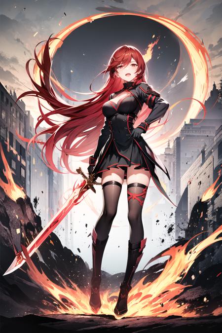 Red Zhengjiuji, 1girl, weapon, long hair, red hair, fire, sword, holding, thighhighs, holding weapon, holding sword, red eyes, asymmetrical legwear, solo, very long hair, gloves, looking at viewer, single thighhigh, uneven legwear, bangs, floating hair, boots, full body, flaming weapon, flaming sword, hair between eyes, breasts, open mouth,<lora:ASUS:0.8>