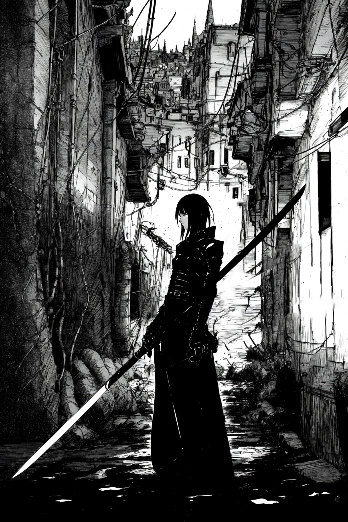 abara, 1girl in long black dress, holding long katana sword, cables, solo, city background, (dark, dark sky:1.1), monochro...