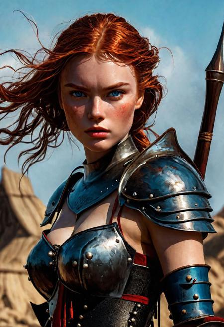 High resolution ultra-realistic of Beautiful Warrior girl, 8k, capturing the intensity of the moment, cinematic lighting, standing on a bloody and turbulent battlefield in a bloody battle, wavy red hair, realistic dirty pale face, realistic blue eyes, beautiful hourglass figure, burning in a fantasy Town, intricately designed cloth dirty black-red robes, fantasy Aesthetic, perfect athletic figure, beautiful Sadie Sink as Warrior Knightess, ultra realistic, cinematic style, vigorous and seductive, beautiful firm Breasts. athletic figure, dark fantasy style, dramatic lighting, wet and sweaty skin, dirty skin, athletic figure, dark fantasy, dramatic lighting, Greg Rutkowski style, Warrior Knightess on in armor, hyper-detailed, hyper-realistic,  natural light, extremely intricate details, masterpiece, epic, bright colours, Attractive 21 old years girl, Attractive, sharp focus, digital painting, Photograph Taken on Nikon D750, Alphonse Mucha, 8K, athletic figure, Hyperdetailed, hyperrealism, Attractive, Attractive bust girl, asymmetric balance