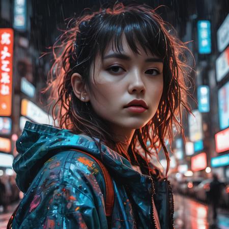 A girl wearing fancy street wear, neo tokyo, centered, intricate, highly detailed, breathtaking beauty, precise lineart, vibrant, comprehensive cinematic,Carne Griffiths, Conrad Roset, 8k, oil painting, cinematic lighting, rainy, best quality, 8k, midnight