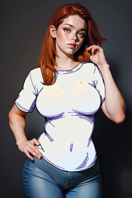 Dr4wn0n shirt, mixed media, cel shading clothing, slime,,<lora:Dr4wn0n:0.9>  <lora:detail_slider_v4:1> <lora:Fr3ckles:0.7> Fr3ckles, freckles, ginger hair, medium breasts, long hair,  grey eyes, <lora:weight_slider_v2:0.8> solo, jeans, <lora:age_slider_v6:0.9>