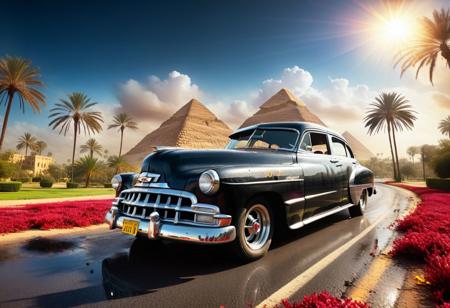 cinematic photo of 1950 Chevrolet 2-Dr Sedan, magnificent three pyramids of Giza appear clearly, charm, highly detailed car, Professional lighting, full of life, Lively and energetic, 8K, rays of sun flow beyond heavy clouds, HDR, Fast & Furious movie, motion blur, moving tires, Cinematic Shot, Cinematic Lighting, amazing world, pure perfection, Need For Speed, wide angle exterior background, wet asphalt road, autumn leaves, grass, flowers, jasmine flowers, palm trees, nebula horizon.