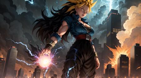 A young woman with short blue hair and a determined expression, wearing a red and black Super Saiyan outfit, charging forward with electric energy emanating from her hands and feet. The background should be a dramatic and apocalyptic cityscape, with fiery buildings and dark clouds. The overall style should be highly detailed, realistic, and gritty, with a fine art touch. (masterpiece:1.2), (distinct:1.1), (highres:1.2), (high_quality:1.1), (finely_detailed:1.2), ((teengirl:1.0), (large_breasts:0.8)), (solo:1.2), (Super Saiyan:1.1), (HDR:1.2), (iso 1000:1.1)  <lora:드래곤볼:0.8>