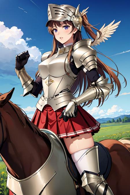 masterpiece, best quality, <lora:nmascot-nvwls-v1-000008:0.8> nmascot, helmet, armor, gauntlets, pleated skirt, thighhighs, large breasts, riding horse, horse, horseback, field, sky