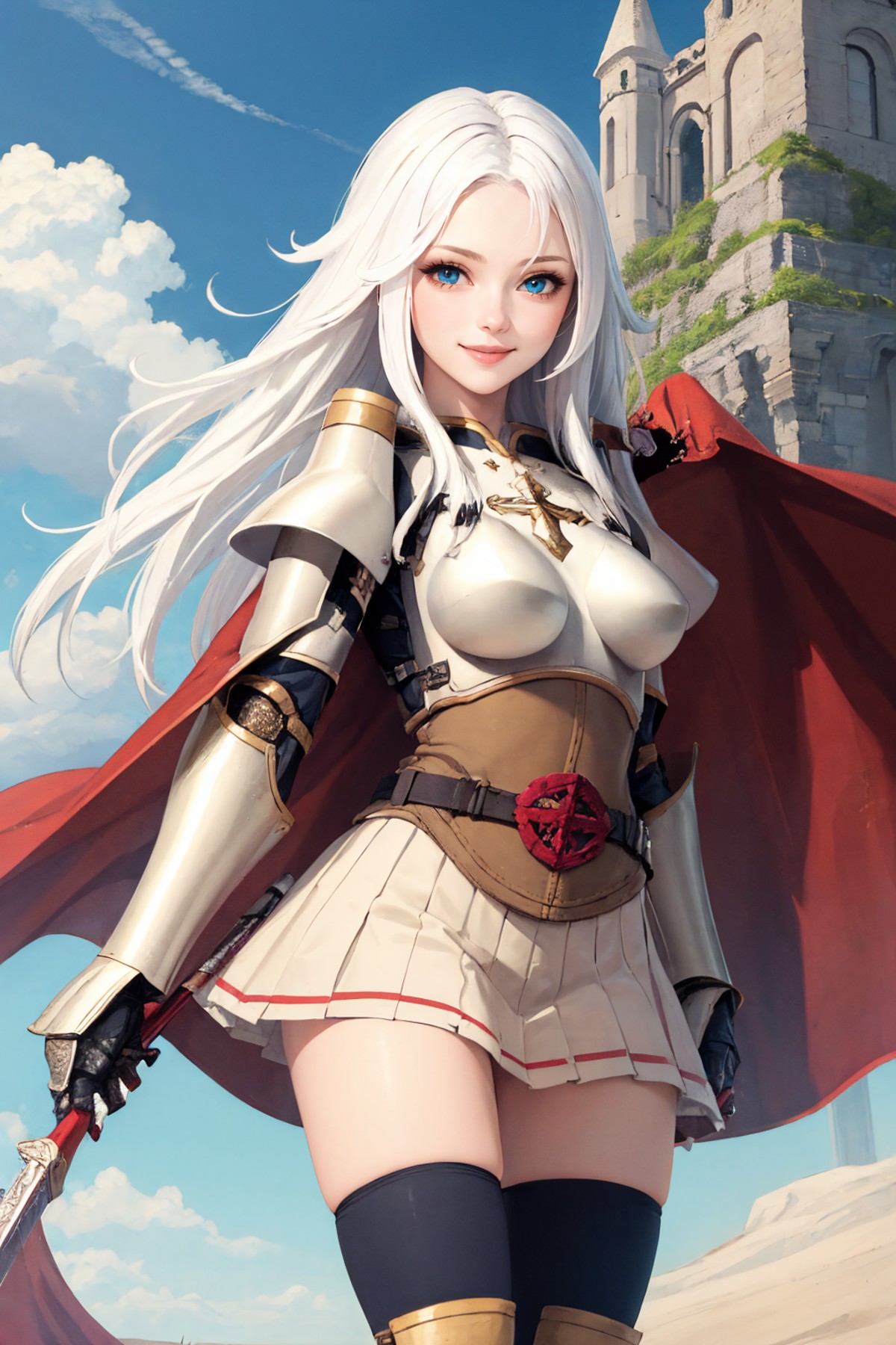 (masterpiece, best quality:1.2), solo, 1girl, ragnaroklordkn, smile, looking at viewer, long hair, white hair, blue eyes, ...