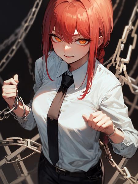 makima \(chainsaw man\), best quality, ultra detailed, 1girl, solo, standing, red hair, long braided hair, golden eyes, bangs, medium breasts, white shirt, necktie, stare, smile, (evil:1.2), looking at viewer, (interview:1.3), (dark background, chains:1.3)