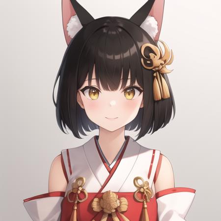 (masterpiece, best quality:1.2),illustration,8k,hd,1girl,solo,upper body,(portrait:1.2),mutsu (azur lane),animal ears,bell,black hair,black thighhighs,yellow eyes,detached sleeves,fox ears,hair ornament,hakama skirt,japanese clothes,jingle bell,kagura suzu,miko,red skirt,shirt,short hair,skirt,smile,white shirt,clog sandals,<lora:Mutsu(azur)>,