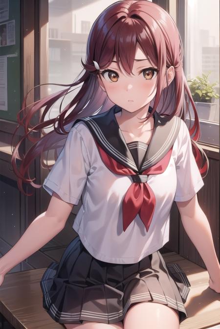 rikosakurauchi, <lyco:rikosakurauchi-lyco-nochekaiser:1>, 
riko sakurauchi, (brown eyes:1.5), hair between eyes, long hair, (red hair:1.5), (small breast:1.2), 
BREAK grey skirt, neckerchief, pleated skirt, red neckerchief, school uniform, serafuku, shirt, short sleeves, skirt, white shirt, uranohoshi school uniform,
BREAK looking at viewer, 
BREAK indoors, classroom, 
BREAK <lyco:GoodHands-beta2:1>, (masterpiece:1.2), best quality, high resolution, unity 8k wallpaper, (illustration:0.8), (beautiful detailed eyes:1.6), extremely detailed face, perfect lighting, extremely detailed CG, (perfect hands, perfect anatomy),