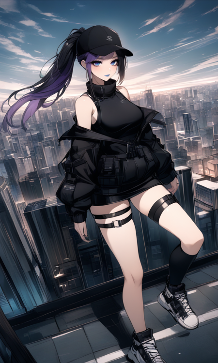 astred, long ponytail, round tainted glasses on head, black hair, gradient hair, gradient eyes, purple hair shadow, two-tone eyes,