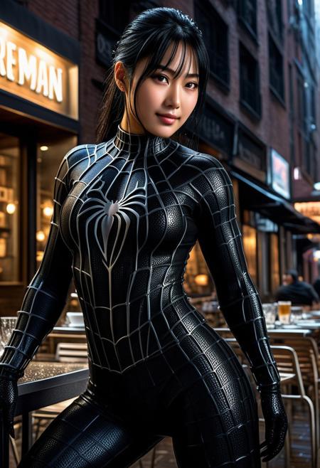 score_9, score_8_up, score_7_up, best quality, realistic, masterpiece, beautiful detail, hyperrealistic, cafe, ((1girl, woman body, huge breasts)), amazing detailed full body portrait of a beautiful japanese girl, wearing a realistic and highly detailed black raimi spider-man suit, ((huge muscular girl)), professional model wears ultra - detailed black raimi spider - man suit, ultra - detailed and grained black raimi spiderman suit, suit covered entire body and hand, black spiderman gloves, wet, (full body), (chilling pose), smile, black hair, octane render, highly detailed, volumetric, dramatic lighting, (highest quality:1.1), (HDR:1.3), (top quality, best quality), realistic, high definition, Expressionism - sharp focus, professional photography, masterpiece, ultra detailed photograph, high quality, 8k,