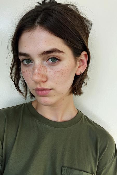 brown hair, green eyes,   ellie hair, freckles, oversized tshirt, hair strand, instagram photo of 20 year old ellie, eyebrow slit, <lora:TLOU2Ellie:0.7>, short hair