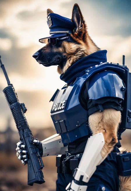portrait, surrealistic, (bokeh:1.1), dof, awe-inspiring, majestic, overwhelming, humanoid German Shepherd dog wearing (navy-blue police-military:1.1) metal sci-fi bulky (mecha armour:1.3) and sunglasses with (navy-blue police-beret:1.05) is holding a big (white rifle:1.35), harsh shadows, (sun rays:1.1)