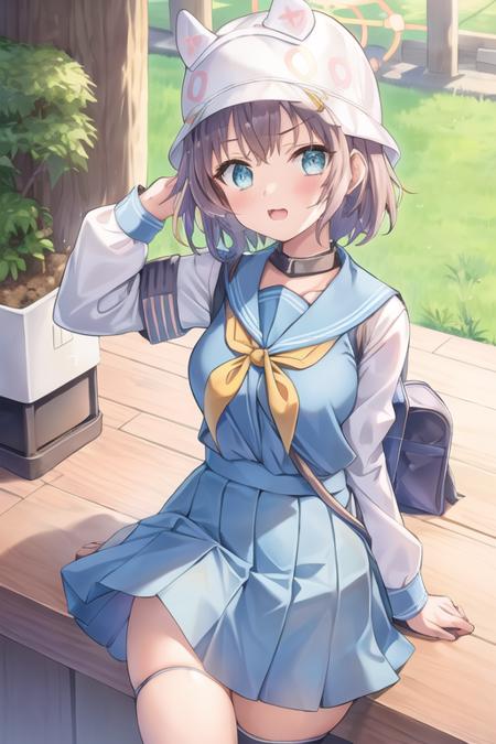 1girl, sorai_saki, halo, helmet, short hair, school uniform, sailor collar, serefuku, yellow neckerchief, blue skirt, (park:1.3) <lora:sorai_saki:0.7>