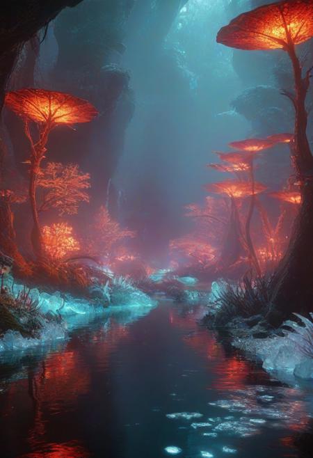 Ultrarealistic. sharp focus, dynamic lighting. play of light, reflection, refraction, Raytracing, Ultra detailed. Alien themed. Alien scenery. alien scenery background. alienworld. An alien fire dragon surrounded by ice.enchanting, cosmic, celestial, ethereal, vibrant flora, magical, luminous, serene, dreamy, radiant, bioluminescent, intricate details, surreal, enchanted forest