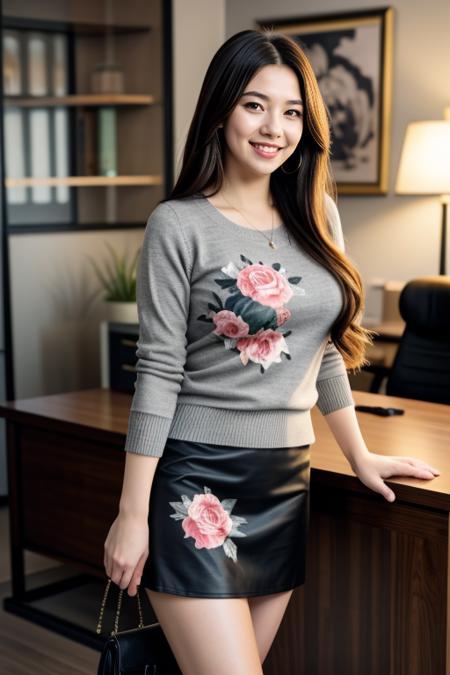 ((Masterpiece, best quality, cinematic lighting, 8k, full body shot, long hair, hour glass body)), (smile:0.85), (realistic background)
<lora:Floral_Sweater_Skirt_By_Stable_Yogi:1> grey sweater, black skirt, floral print, office environment, hand bag