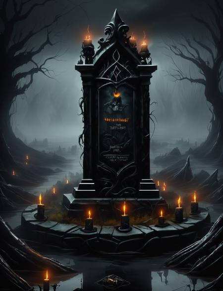 h4l0w3n5l0w5tyl3DonMD4rk Fog-shrouded Swamp, Witching Hour, Tombstones, Candelabras, Fiery Torchlight, Dark Fantasy  <lora:h4l0w3n5l0w5tyl3DonMD4rk_v1.1-000008:1>