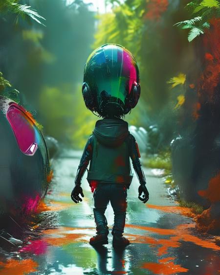 bioengineered alien hitchhiking after crashing his spaceship, standing on side of road with thumb up in the air trying to hitch a ride from passing cars, colorful organic bioluminescent patterns,  colorful, ultra resolution, professional photo, <lora:add-detail-xl:0.8>, <lora:xl_more_art-full_v1:0.5>  <lora:MJ52:1>    <lora:RussMillsXL:1> russ mills