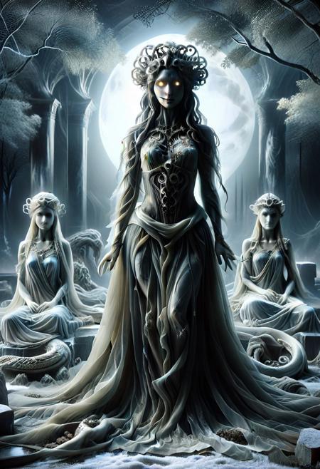 masterpiece, absurdres, best quality, amazing quality, ultra-detailed, newest, extremely detailed, very aesthetic, 
rating_safe, source_anime, 
BREAK, 
1girl, medusa, beautiful Medusa, a Gorgon, long hair, serpentine hair, snake hair, each snake with glowing eyes, 
hair made of tree, hair made of PG-TR, PG-TR, 
ais-ghostly, 
golden eyes, glowing eyes, alluring and menacing, crown of serpents, dress, black dress, tattered gown made from dark mystical fabrics, 
pale skin, marble-like hue, shimmering in the moonlight, 
Around her, statues of former victims stand frozen in place, and the air is thick with an ominous aura.