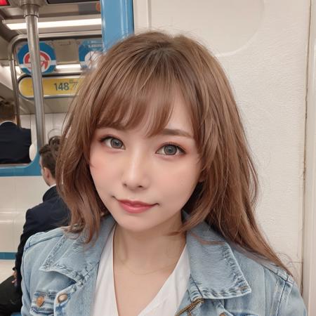 A realistic image of a mio sitting on a New York subway at nighttime in the 1980s, taking a selfie. She has shoulder-length, light brown hair styled in a neat and slightly retro fashion. She has blue eyes, smiling, is wearing light makeup with pink eyeliner and is dressed in attire suitable for working at a restaurant, including a neat blouse and a casual jacket. Her facial expression shows a blend of excitement and focus. The background features a typical 1980s New York subway setting, with graffiti on the walls, worn seats, and a slightly gritty atmosphere. Two police officers are standing nearby, one leaning against the subway door and the other standing near a pole. The scene is darker, with dim lighting that captures the nighttime ambiance. The lighting and color tones emulate the style of photos taken with a Nikon FA camera, giving the image a nostalgic and authentic 1980s feel, (chromatic abberation, film grain:0.5), (looking at viewer), blurry background,(35mm, F/2.8) Photo Focus, DOF, Aperture, insanely detailed and intricate, character, hypermaximalist, hyper realistic, super detailed, diffused light:0.3, <lora:mio:0.7>