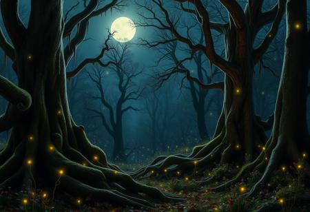 In the quiet embrace of the night, a fairytale forest unfolds, its trees rising like ancient guardians to the sky. Their gnarled branches are draped in a gentle, silvery light emanating from the bright moon high above. Among the moss-covered roots, fireflies dance like tiny, flickering stars, breaking the darkness with their delicate glow.
The air is filled with a mysterious whisper, as if nature itself is telling stories from long ago. The ground is adorned with a carpet of wilted leaves and colorful flowers that shimmer mysteriously in the soft light of the fireflies.
Here, in this enchanted realm, time seems to stand still. Every corner of the forest holds a secret, and those who look closely might catch a fleeting shadow of a fairy or the gentle smile of a forest nymph. It is a place where dreams come alive and imagination knows no bounds.