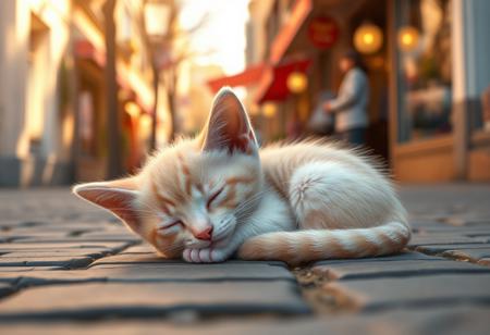 Pixar inspired poster, A perfect masterpiece art by pixar disney,  Digital painting of a cute young pinkish kitten curled sleeping on the ground, paved street, close up, basking in the morning sun, cute cozy atmosphere, shops can be seen in the background, magical fantasy city, life-like masterpiece realitic photo, hyper realistic, A photogenic soft scene, digital 4k art, bokeh, depth of field, detailed eyes, 4K, vivid, extremely detailed, perfect anatomy, maximalist, dynamic, absurdres, 8k photography, three point perspective, Ultra-realistic, Hyperrealism