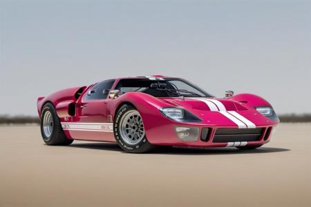 (pink GT40_MKII), white rally stripes, ghost flame paint, from side, dark tinted windows, parked on a white reflective surface,
masterpiece, rule of thirds, absurdres, volumetric lighting, subsurface scattering, high detail, nature background, motion blur, full sharp, photography, trending on artstation, sharp focus, studio photo, intricate details, highly detailed, by greg rutkowski, car magazine cover, award winning photography, ford tough, RIP Carroll Shelby,
shot on a Sony A7III, 8k uhd, bokeh, dutch angle, dramatic angle, intentional camera movement, camera tricks,
<lora:GT40MKII_SDXL_v01:1>