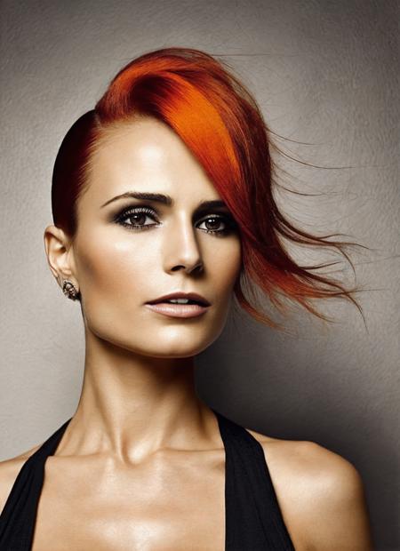 portrait of sks woman by Flora Borsi, style by Flora Borsi, bold, bright colours, orange Mohawk haircut, ((Flora Borsi)), <lora:locon_jordana_v1_from_v1_64_32:1.3>