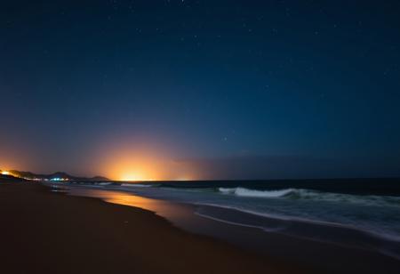 Beautiful scenery of night, sky and beach, photo taken with DSLR camera lens in 8K HD quality, very clear. Dreamy effect and brown aesthetic
