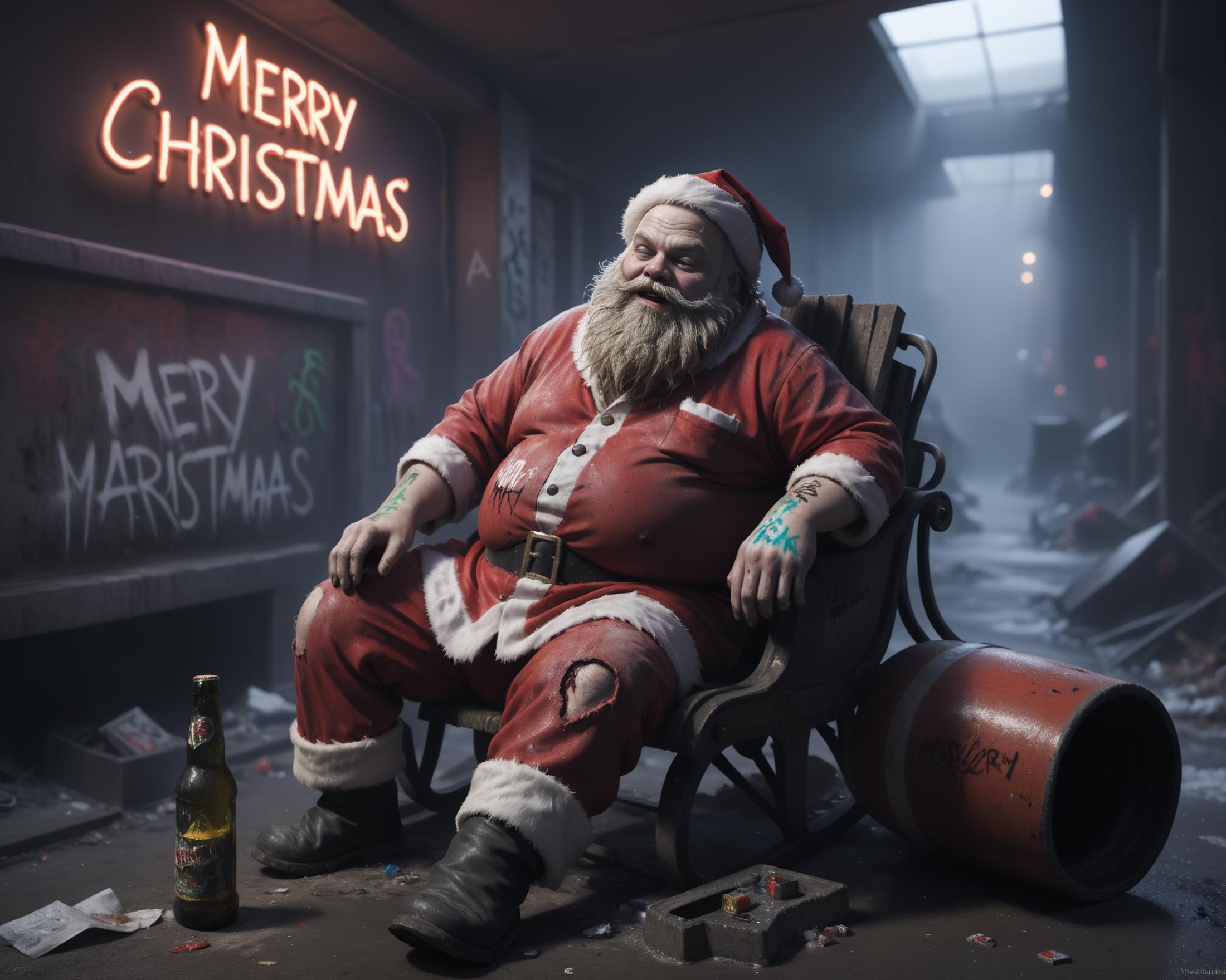 Santa Claus sitting on a wooden chair in a room with graffiti and a beer bottle nearby.