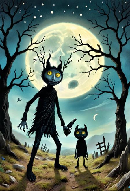 colorful, creepy drawing, simple illustration, childlike illustration. creepy, scary, wonderful creatures, World Morph Felt, 
The trees that whisper in the evening,
Carried away by a moonlight shadow,
Sing a song of sorrow and grieving,
Carried away by a moonlight shadow,
All she saw was a silhouette of a gun,
Far away on the other side,
He was shot six times by a man on the run,
And she couldn't find how to push through,
BREAK
dynamic angle, ancient fantasy city, battle-ready stance, dynamic pose, golden hour, directional lighting, viewed from above