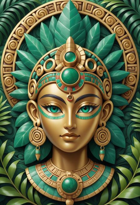 A stunning depiction of a Mayan sun god mask intricately crafted in gold and green jade hues. The mask's symmetrical design features mesmerizing teal gemstones set into its eyes, surrounded by elaborate carvings and patterns representing ancient Mayan iconography. Ornamental details like coiled spirals, geometric motifs, and hanging emerald-green spheres add depth and regality to the artifact. The background highlights lush greenery and symbols of nature, blending cultural spirituality with vibrant natural elements.