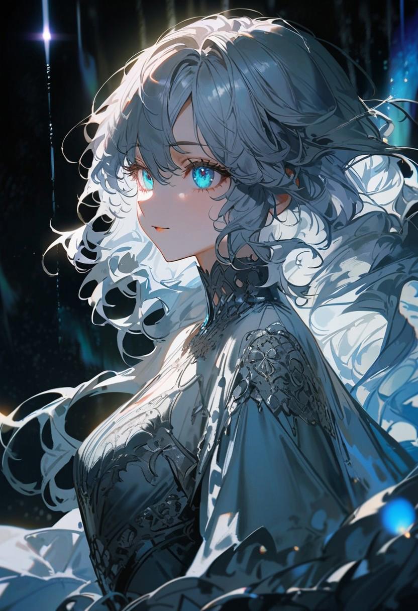 ((close up)), masterpiece, best quality, very aesthetic, absurdres, bokeh light, (yoneyama mai:1.4), (quasarcake:1.2), (((1girl, detailed lighting, rendered, beatiful eyes, perfect hair, detailed face and body))), 
A tall, elegant woman stands at the edge of a vast, snow-covered cliff, bathed in the ethereal glow of the northern lights that dance across the sky. Her flowing gown, shimmering in pale lavender and soft blue hues, sparkles like the frost beneath her feet. Embroidered with intricate silver patterns, her dress seems to merge with the icy landscape. Her long, wavy hair cascades down her back in a soft cascade of golden strands, catching the lights from above. Her eyes, an icy blue, reflect the glimmering colors of the aurora.
A serene, almost otherworldly calm graces her face, her lips gently curved into a soft smile as she watches the celestial display, her eyes glowing with awe and quiet contemplation
Beneath the vast, star-filled sky, a mesmerizing aurora dances across the heavens, painting streaks of green, purple, and blue. The ethereal lights shimmer and shift, casting an otherworldly glow over the landscape below. Silent and majestic, the aurora flickers like waves of cosmic energy, creating an awe-inspiring contrast against the deep night sky. The horizon glows softly, as if touched by magic, while the cool air feels charged with a sense of wonder and mystery, making the scene feel timeless and surreal.