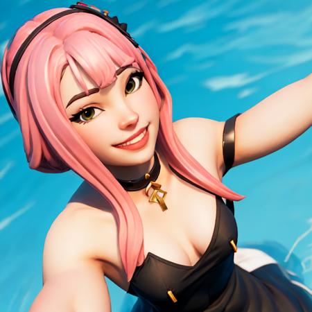 (masterpiece:1.2, best quality), FortniteStyle, 1girl, pink hair, long hair, smile, looking at viewer, black dress, laying on her back, looking up to viewer, POV, slutty <lora:Fortnite-000007:0.79>  <lora:BelleDelphineNewV4:0.6>