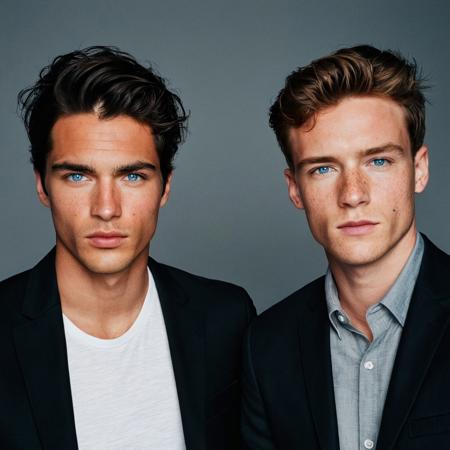A close-up portrait photograph of two young men positioned side by side against a solid medium gray background with no additional elements. The man on the left has dark black hair styled to one side, falling over his forehead in soft waves, and fair skin with visible moles or freckles. He is wearing a black jacket with a visible collar and buttoned placket. His expression is neutral with slightly parted lips as he looks directly at the camera. The man on the right has short brown hair that appears slightly damp or tousled, transitioning to lighter shades on top. He has striking piercing blue eyes and light peach skin. His expression is also neutral with a slight frown as he gazes intently at the camera. He's dressed in a black blazer over a black shirt. Both subjects have their faces turned slightly towards each other, creating a sense of connection between them. The lighting is soft and even, highlighting their facial features without casting harsh shadows, creating a balanced exposure with natural colors. The composition focuses primarily on their faces, capturing intricate details such as pores and subtle textures like fine lines above their foreheads. The overall mood of the photograph is serious and contemplative, emphasized by the direct eye contact and minimal background distractions.